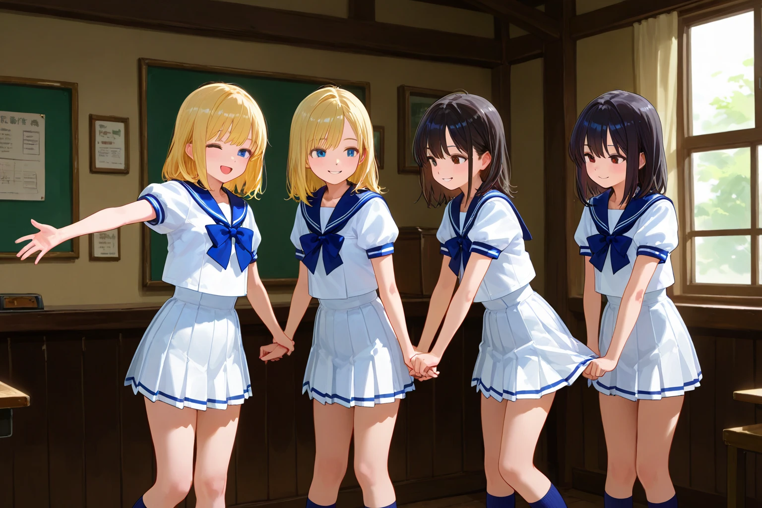 ecchi anime style, ecchi style, azur lane style, visual novel key visual, anime girls in underwear posing for a picture with a pink background, three girls in school uniforms standing in a library, ecchi anime style, hololive, ecchi, in clothes! highly detailed,  visual novel cg, jk uniform,  high school girls, upskirt, panty, anime maids riding early tanks
