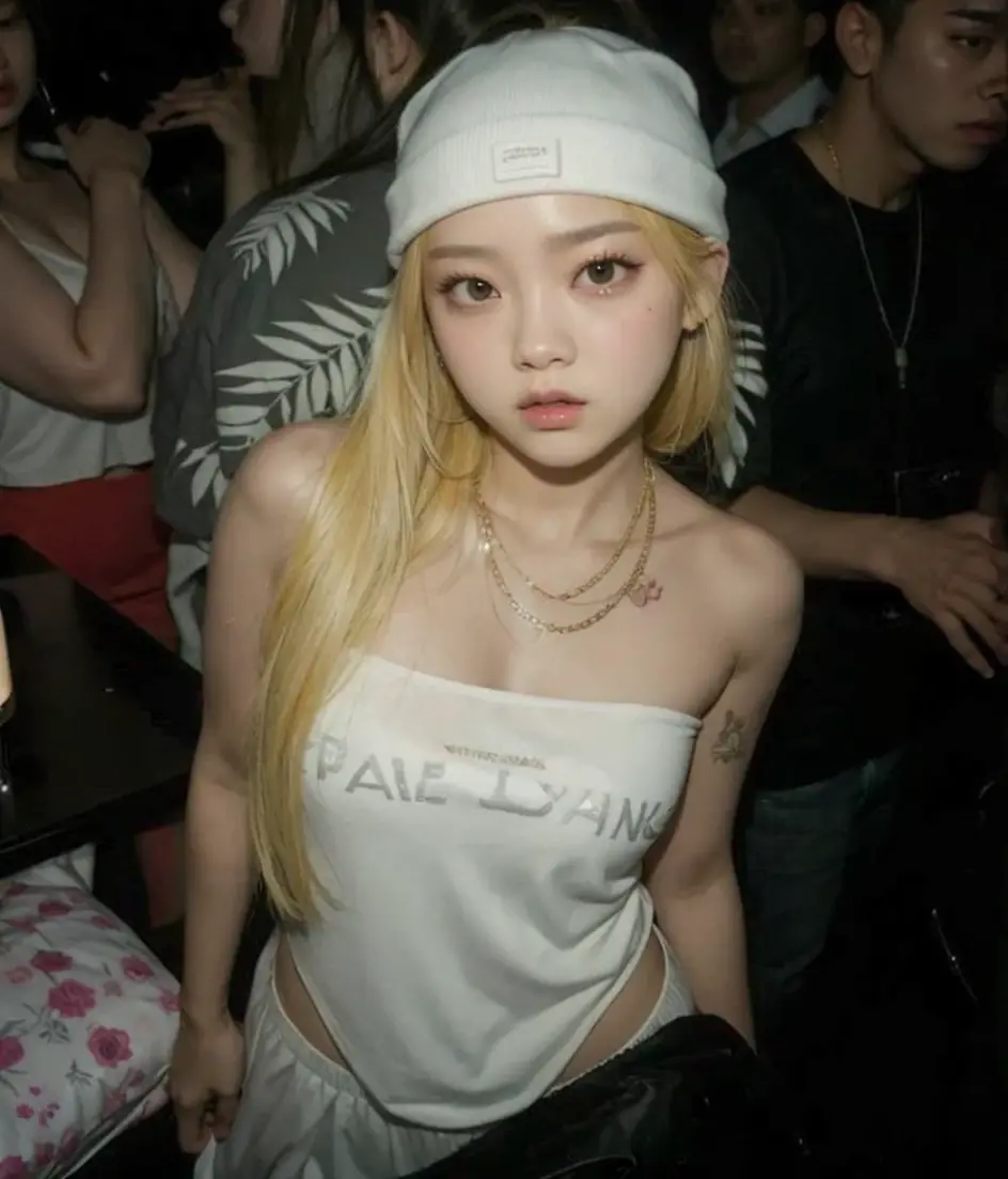 araffe girl with blonde hair wearing a white shirt and a white hat, parque roseanne de blackpink, korean girl, she is wearing streetwear, jossi do blackpink, beautiful south korean woman, Thai Anime, Tae June Kim, Asian girl, heonhwa choe, korean idol, korean woman, she is bullshit,  Chinesa, trends on cgstation, big boobies