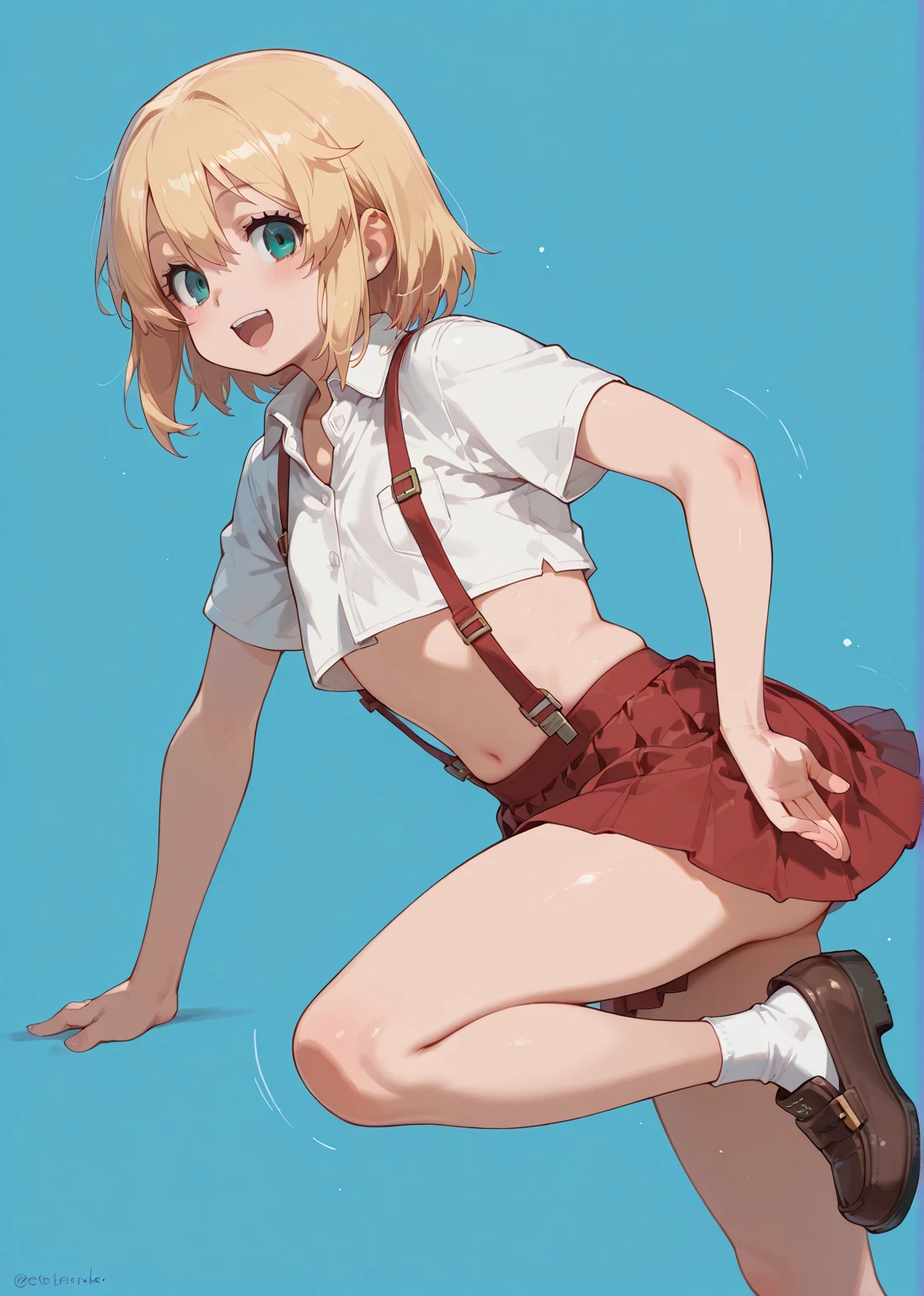 black skin,flashy,pantyhose,child,loli,bangs bangs,blonde,5 years old,best quality,from below,nsfw,foot up,full-face blush,4fingers and 1thumbs,tan,gal,evil smile,Tank top,mini skirt,twin braids,spread legs,Garter belt