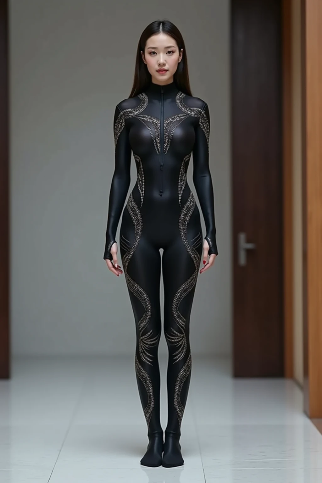 The most beautiful,thin,most pretty and clever malaysian muslimah adult girl wears marbled cat(Pardofelis marmorata) print lycra turtleneck unitard catsuit covered with spots.She always wear marbled cat print lycra dancewear stretchy square hijab covered with many spots.She goes up the stairs.