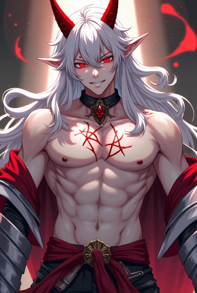 "Stunningly detailed anime sketch of a solo ((muscular)) ((handsome)) ((dark-skinned)) demon boy with short white hair and red eyes. He exudes maturity and has striking red and black crown-like horns. Dressed in demonic fantasy clothes, including a black capelet and a red and black demonic aura, he resembles a dark prince."