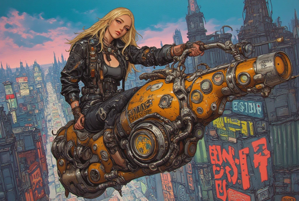 blonde beautiful girl, riding a tiger, with a boombox-radio, on her back, martin ansin, , martin ansin artwork portrait, key art, official poster, artgerm julie bell beeple, deco, retro scifi, delirious, retro sci-fi, retro sci - fi, official print, character poster, retro poster