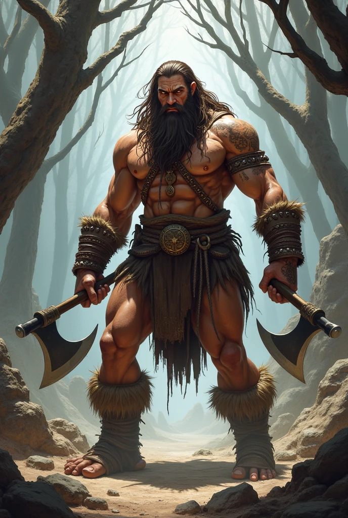 (1boy) (male) ((front view)) ((facing viewer)) Neanderthal man, detailed open eyes, epic, heroic, (muscular) bodybuilder, ((big muscles)), ((large pectorals)), narrow waist, long hair. ((hairy chest)), ((hairy legs)). Wearing fur loincloth, carrying a wooden spear. Emerging from a (dark cave) entrance. Early morning, Coniferous forest, patches of snow, Highly detailed fantasy art, dramatic volumetric light, artstation, beautiful modern fantasy illustration, photorealistic