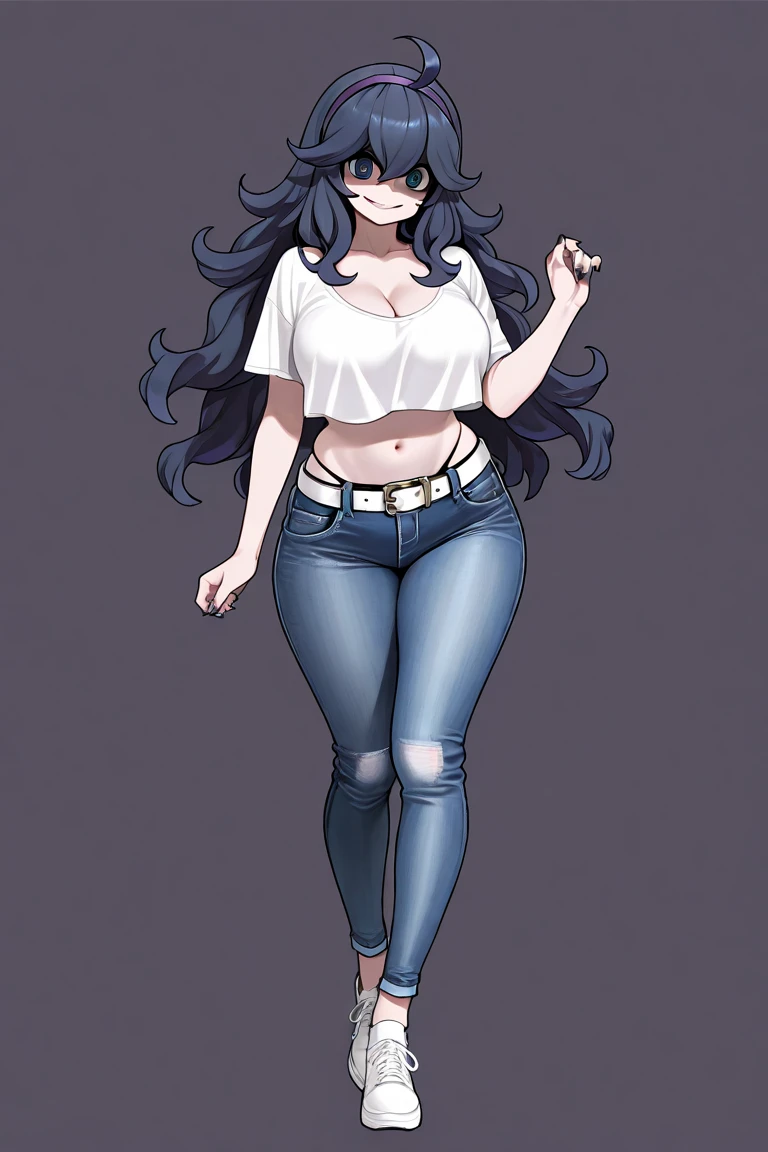 score_9, score_8_up, score_7_up, source_anime, best quality, clear face, 1girl, Nico Robin, black hair, long hair, blue eyes, large breasts, white camisole, cleavage, smile, looking at viewer, indoor, from behind, full-body , small blue shorts,long legs, black sandals