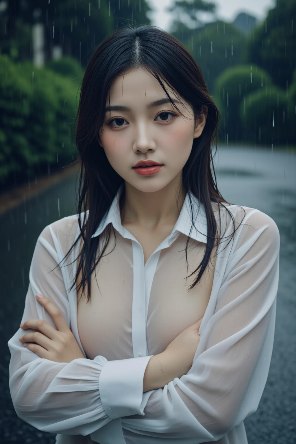 (best quality:1.2),(Masterpiece:1.2) 1girl, breast focus,white shirt, wet clothes, wet, collared shirt,