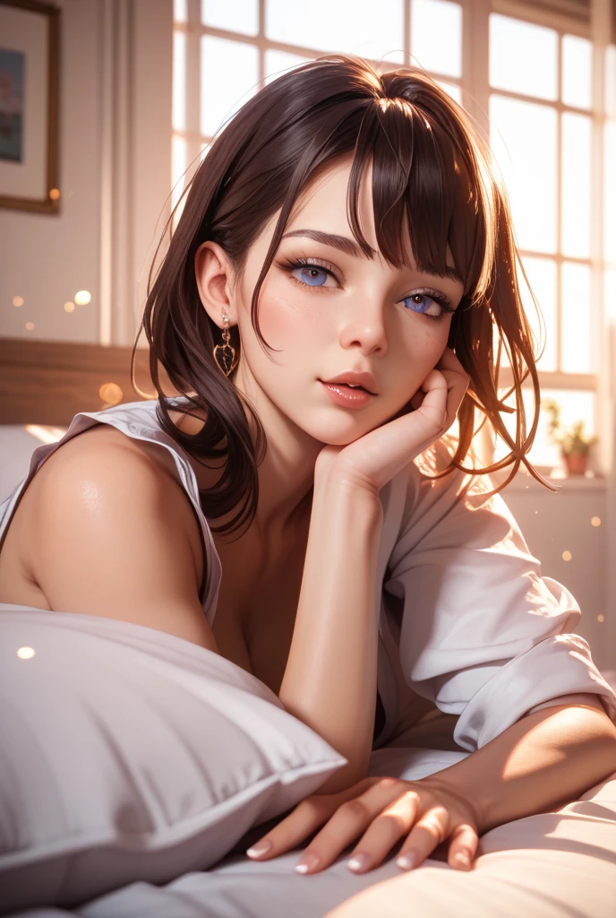masterpiece、high resolution 8k、NSFW、sharp focus、contrast lighting、fine skin、muste piece、 highest quality、Ultra - High resolution、Super high resolution、Highly detailed CG、woman is laying down in a field of Hydrangea purple flowers、woman is wearing a pair of blue headphones. She is smiling and seems to be enjoying a pleasant moment of relaxation.、beautiful eyes、(Detailed face and iace:1 2)、narrow eyes、almond eye、Black pupil、eye gradation eye highlight:1.2)、(light reddish brown hair、middle、asymmetrical bangs)、(ID card、Blazer for office wear shortage、white cutter shirt、black pencil skirt、pumps)、(plump lips、gross、glossy lips、small breast size) 、(oval face : 1.4)、(thin fingers、fine arms、detailed human hand)、laughter half open、teeth visible