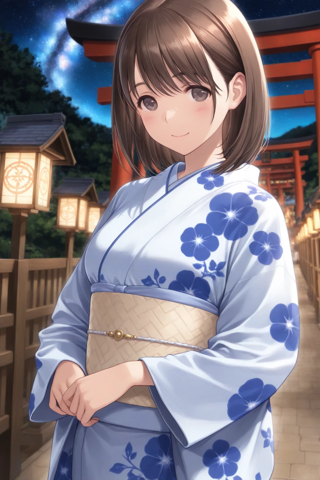 Milky Way galaxy view and night sky 、One Woman、、bundle、long sleeve、Detailed Eyes and Faces、eye enhancement with one star、for soft lighting、high resolution integrated CG 8K wallpaper、Intricate Details、portrait、Staring at the stars、Alone、half shot、delicate face、gentle smile while doing housework、 classical period 、(Ancient Japan Theme:1.1)、Japanese mythology、Navy blue floral kimono、 ancient theme 、(Thriving Civilization:)、Background Moon、( pure white :1。shrine、red)In the precincts of Torii、 Japanese landscape 、 the ancient city in the background 、 lantern、Stars at night々、 Stars at night空。、
、
,,
.
、
,
、
.
,,,,
.
.
.
.
, ...
.
.
、,
,( masterpiece, best quality, high resolution, ultra high resolution, pixel perfect, depth of field, 4K, RTTX10.0),
、Anegasaki Nene, love plus、shiny brown short hair, beautiful brown eyes, smiling face, , (fine grain), , highly detailed face,, (masterpiece:1.2, best quality), ((only1 girl)), ((cowboy shot))