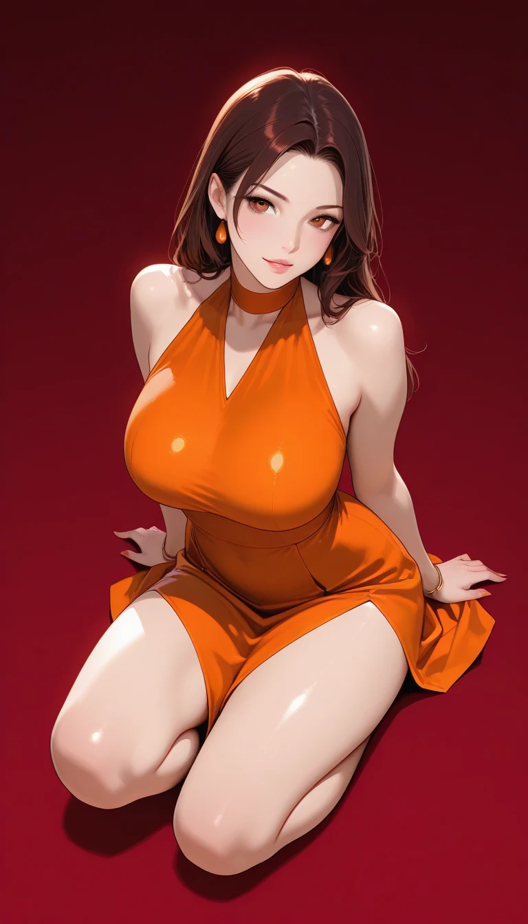 (highest quality, masterpiece:), ultra-high resolution, two women in swimsuit standing side by side, night, in the pub, Japanese model, young and beautiful gravure idol, squatting, spread legs:1.3, tight, wearing an orange color beautiful swimsuit, high leg, gigantic breasts, puffy nipple:1.4, bangs, wavy long hair, ponytail, earrings, beauty, victory smile, mature woman, please face forward and look at the camera,
