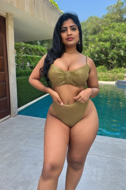 Yellow bikini, curvy body, curvy thighs, cleavage, 