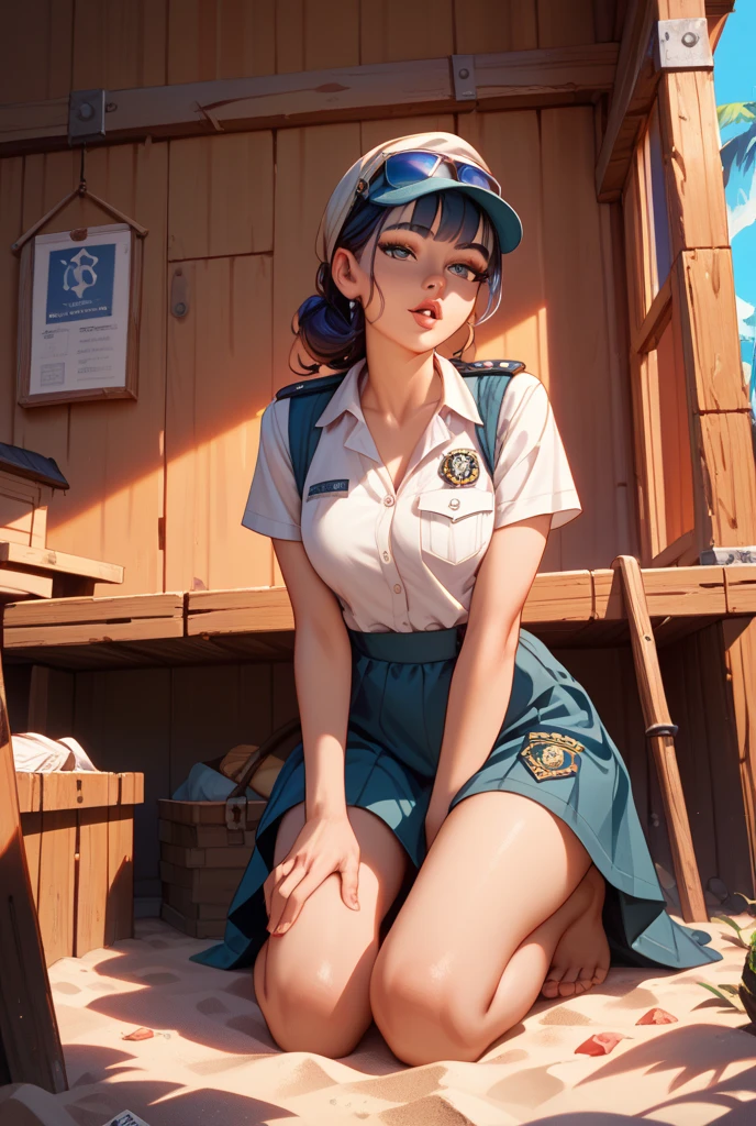 Very detailed CG unity 8K wallpaper，（tmasterpiece），（best qualtiy），（ultra - detailed），（Ultra photo realsisim），（best character detail：1.36），Nikon D750 f / 1.4 55mm，profesional lighting， physically-based renderingt, 1girll, Female soldier，army suit，Green military uniform，Fabric texture military uniform，Dark green tie，Army green skirt，military hat，Black hair，the golden ratio,[:(com rosto detalhado:1.2):0.2]:,PureErosFace_V1, broad shoulder,(Bigchest:1.5),(big assa:1.5)，Wide buttock ，Bare legged，Plump legs，Move the center of gravity back，Squat on the grass，Spread your legs apart，The skirt covers the bottom of the skirt，whitestocking，Small black leather shoes，hands lying on thighs，Soaked with sweat，red flags，At the cafe，Night Street，bright sun，Look at the audience from the front，Bright smile，White teeth，lighting，Contre-Jour，