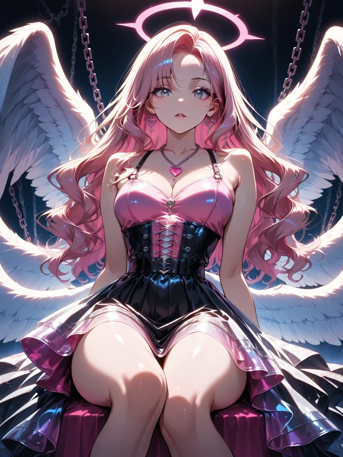 ((Highest quality)),(Ultra-high resolution),(Very detailed),(Detailed Description),((The best CG)),(A masterpiece),Ultra-detailed art,Amazing painting art,(Works with precise details:1.5), (1 female:1.6),(Beautiful and well-proportioned face:1.5),(Curly Hair:1.6),(Intricately detailed lace dress:1.8),Fine jewellery with exquisite detailing:1.5,Waist Accessories:1.5,Look at me and smile:1.5,  (See-through nipples:1.1),, Angel Girl, (((Magnificent white angel wings on his back:1.2))), Mature Woman,Descended into the church,(Pastel colored hair:1.3),(Red and black long high heel boots:1.4),garter belt,stockings、 (Floating in the sky with magical powers),(Floating skirt:1.5), (Embarrassed expression, blush:1.2)