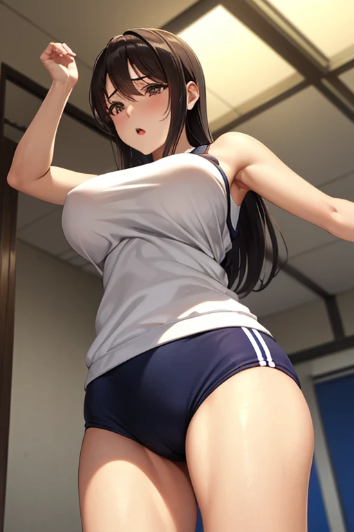 joven japonesa, mejorar, alumno, no bra, miniskirt, upskirt,  Cuerpo, Delgado, pechos grandes, Piernas gruesas, Delgado waist, gimnasio de la escuela, sweaty Cuerpo, cinematic lighting, half naked, Erotic poses, tiny thonge, side thong, transparent lingerie, can see niples, mostrando sus tetas, cameltoe