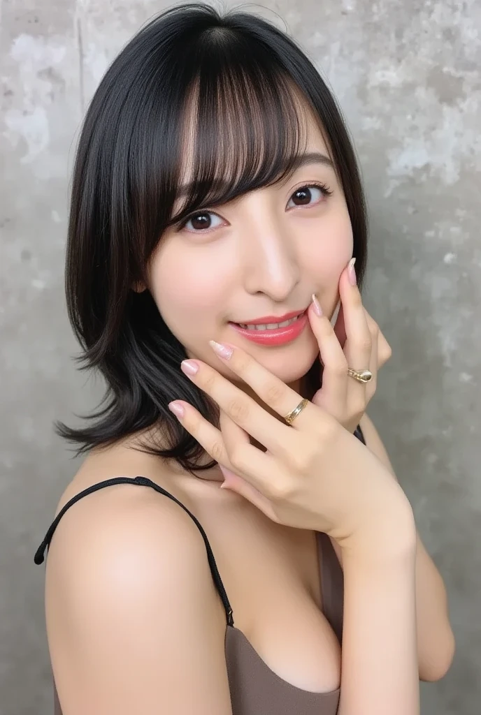 there is a woman with a black hair and a black shirt, sui ishida with black hair, chiho, with index finger, shikamimi, with short hair, 奈良美智, the hime cut, junko enoshima, けもの, 1 7 - year - old anime goth girl