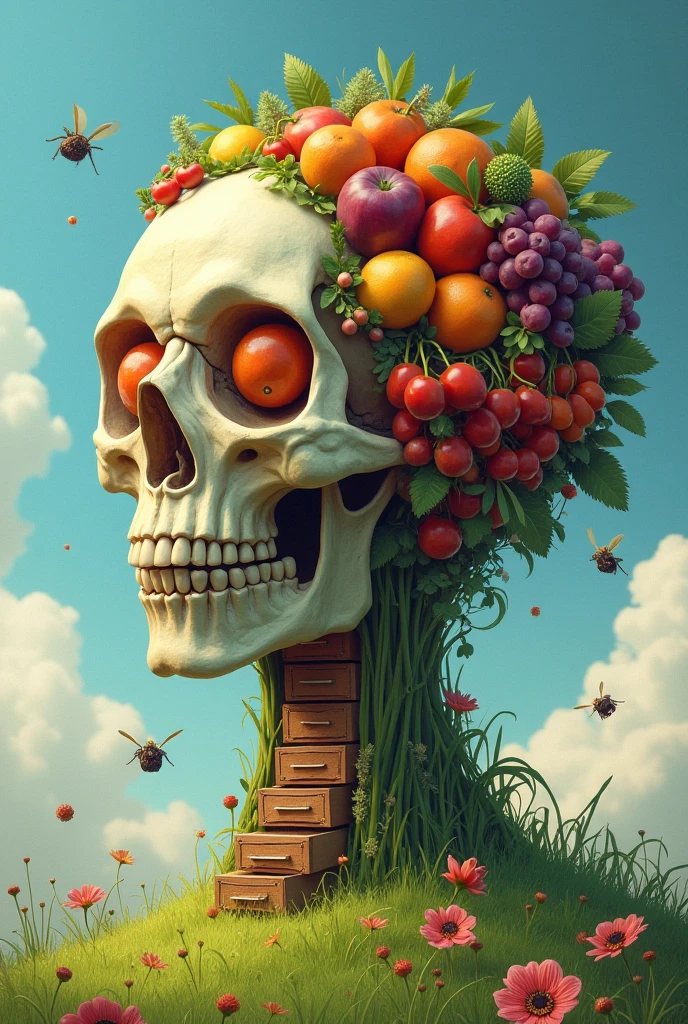 (double exposure:1.3) effect of mushroom skull and strawberry bushes, superimposed on a tranquil landscape, ultra detailed