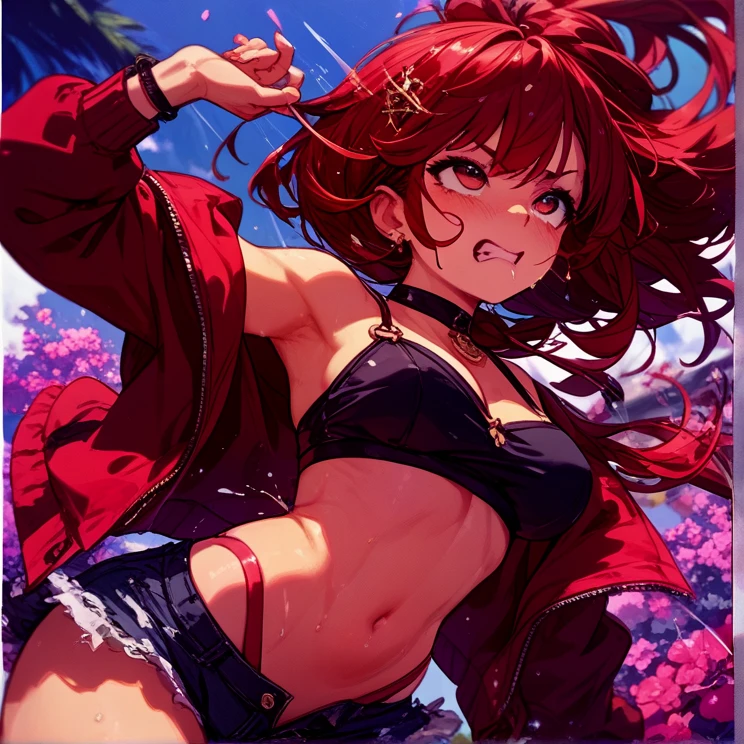 (masterpiece), best quality, expressive eyes, perfect face, highres, (female1.5), 1 girl, solo,(Tanjiro), (OriginalOutfit), (Scar,Scar on forehead, Checkered Clothes, 1Girl, Red Hair), (long red hair),(black and green plaid coat),(black pants), forest background, standing, upper body portrait, looking at the viewer, fully covered cloths