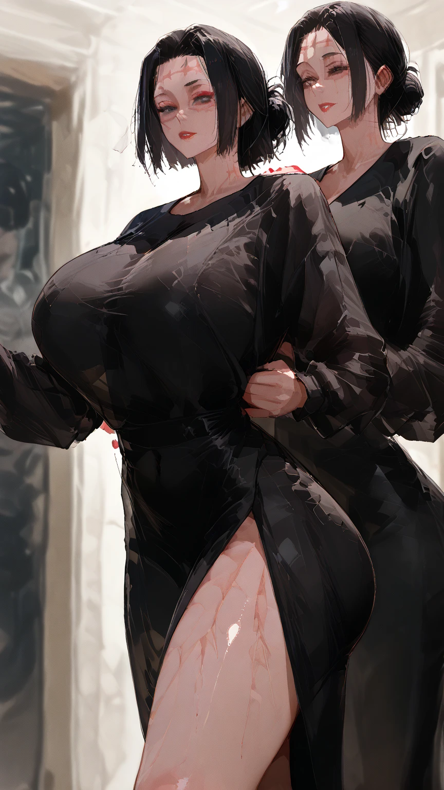 (in 16K、A high resolution、Best Quality、 masuter piece、unreal engine、amine、top-quality、From the thighs up:1.2),(Natural Skin Texture、Detailed skin、Beautiful skin、ultra sharpness),intricate detailes、Extraordinary beauty,(((gigantic breasts,voluptuous body、1 cute woman,20 to 25 years old,adult lady,Wednesday Adams,Black nails,))),(an extremely cute and beautiful face:1.2),(((big eyes,sharp eyes,eye bags,eyelash extension,pale skin,black hair,blunt bangs,bottomless))),(独奏,Braid,empty eyes,Expressionless,Tempting,darkness,Dark atmosphere:1.6),(virgin killer sweater:1.4),(Are standing,Late Night,bustling street,Passersby,dim:1.5),