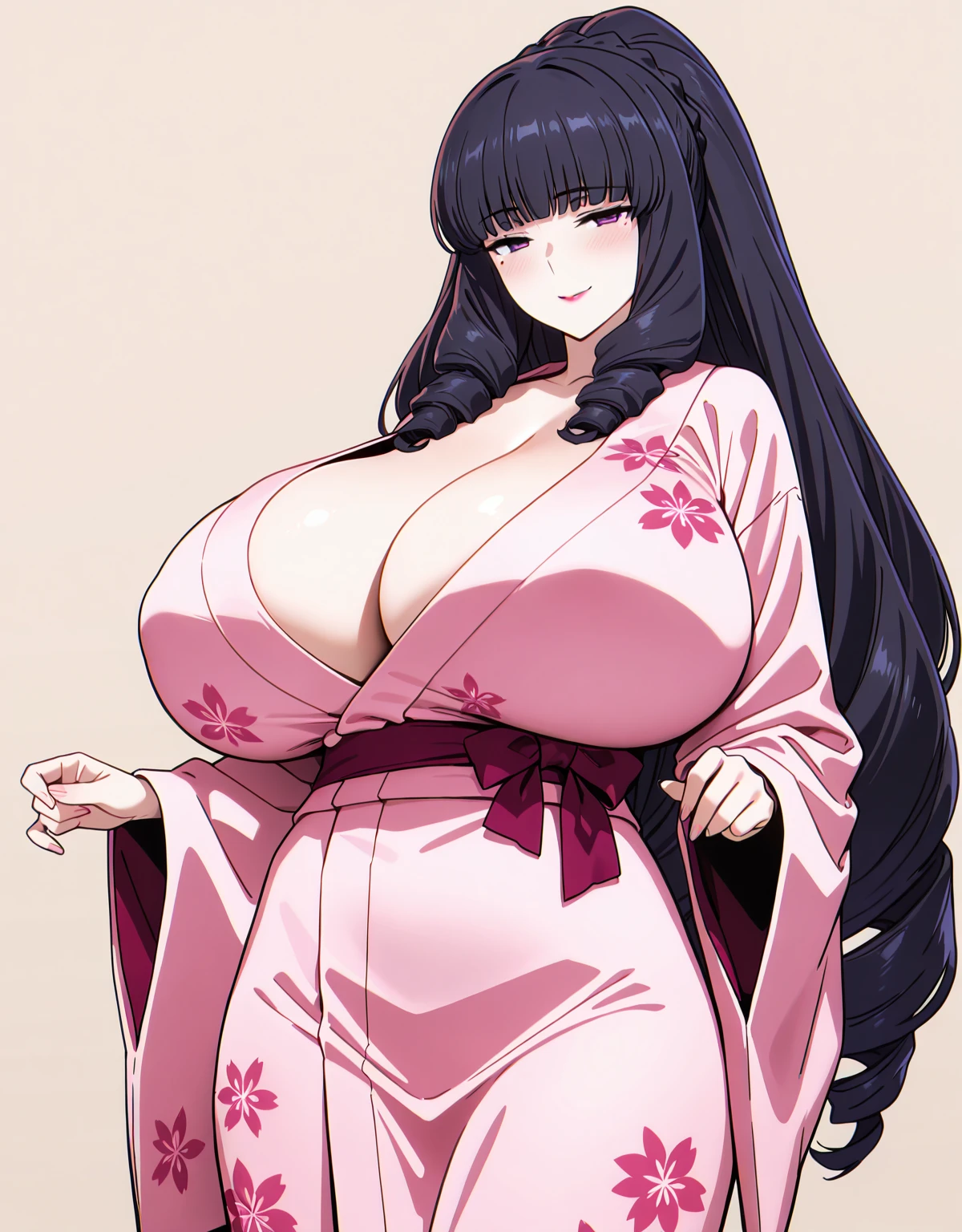 Masterpiece, high resolution, beautiful detailed face, Akeno Himejima, 1girl, (((bimbo))), long black hair, purple eyes, ear rings, (((bimbo))), puffy lips, painted lips, erotic smile face, sexy face, thick lips, wide hips, thick thighs, thick hourglass figure, huge round ass, enormous natural breasts, deep v bust, shiny oily breasts, thick shaggy breasts, pink yukata, tall, revealing cleavage, close up breasts, undressing, nipples