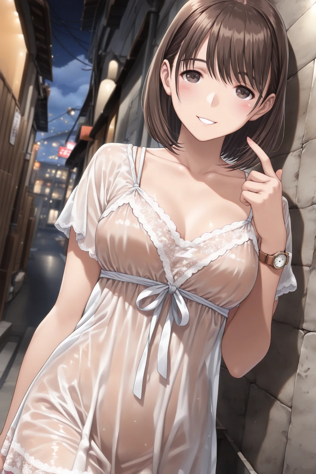 (White dress white、No sleeve、Armpit)、独奏、Toned body、Bare thighs、(short hair、Brown Hair、Barrette、hair ornaments)、(Brown eyes:1.5)、(yuihirasawa、yui hirasawa、Yui Hirasawa)、(Panty shot、White panties、Panties transparent with sweat、Mansuji)、Big Breasts、In town、bustling street、独奏