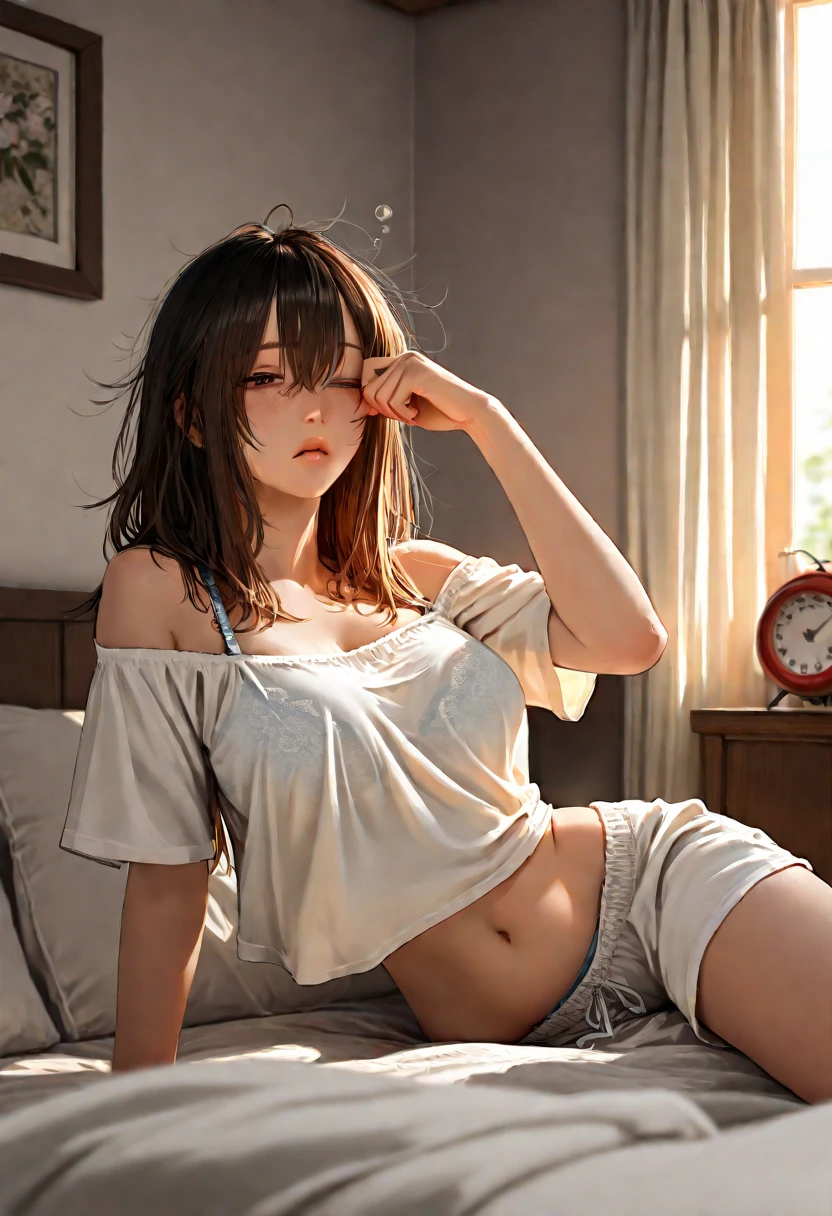 (masterpiece, best quality), 1girl, bed sheet, messy hair, unbuttoned shirt, unbuttoned shorts, blue pajamas, shiny skin,
