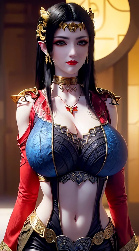 Unreal Engine 5 Realistic Rendering, Excellent, black hair, golden eyes, red group, full armor, royal cape, milf, looking on viewer, Donghua character, cosplayer, walking down hallway of Holy palace, beautiful face, makeup, top body is hyper realistic thicc muscular and hyper largest_breasts!!, lower is huge buttocks, hair, red theme, bokeh, masterpiece, highres, 1080P, UHD