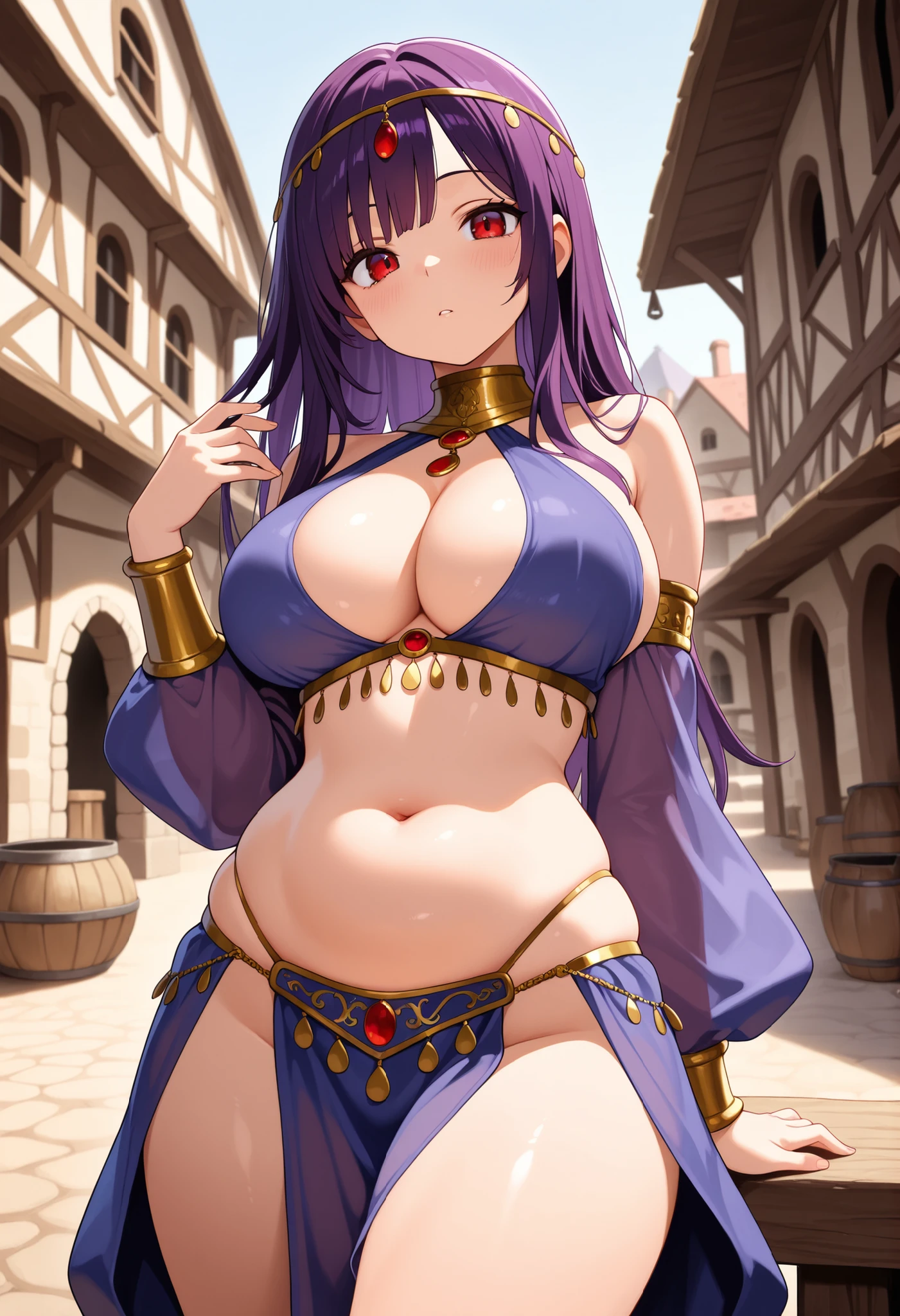 high quality, ultra detailed, best quality, insanely detailed, beautiful, masterpiece, 1girl, medieval plaza, cowboy shot, red eyes, long hair, purple hair, belly dancer, circlet, earrings, armlets, bracelets, bashful smile, large breasts, cleavage, soft stomach