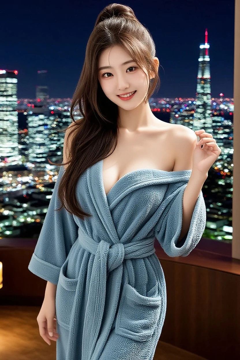 a beautiful 21 year old woman with brunette hair, medium breasts and medium buttocks, taking a selfie wearing a bathrobe, cleavage, bathroom interior, best quality, 4k, 8k, highres, masterpiece:1.2, ultra-detailed, realistic, photorealistic, photo-realistic:1.37, HDR, UHD, studio lighting, extreme detail description, vivid colors, warm lighting
