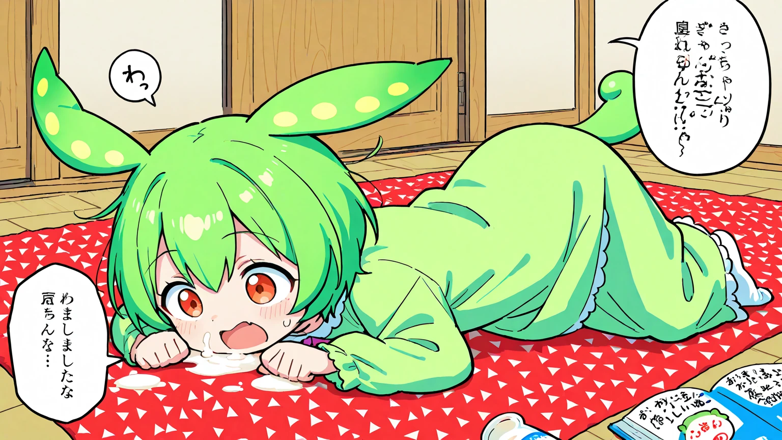 Zundamon,Green Hair,Green Eyes,Lying face down in bed,Hug a pillow,cute,smile