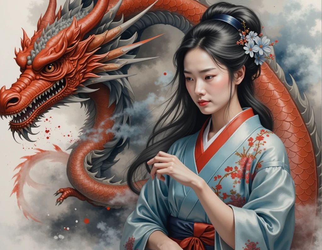 A painting of a woman in a kimono and a dragon, Chinese Fantasy, Japanese Fantasy, The art of Japan style, The art of Japan, Japanese Goddess, The art of Japan art, Beautiful Fantasy Empress, Ancient Chinese Princess, Chinese mythology, traditional The art of Japan, Traditional Japanese concept art, Beautiful digital art, Beautiful fox woman, palace , Girl in Han Dress, Beautiful artwork illustration