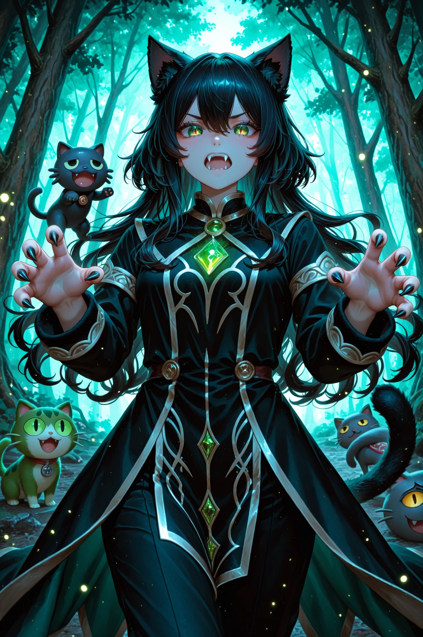 Nice and Beautiful Neko-woman, neko tail, Fangs and claws, Extra Long Wavy Light Black hair、Wears Black Dark Neko Clothes 、intense anime eyes in high resolution、detailed eyes、Ig Gradation Eyes, Expressive green cat Eyes、Action Dynamic Pose、Iruyan、Isekai Sekai、Magician ethereal Forest、Isekai background.