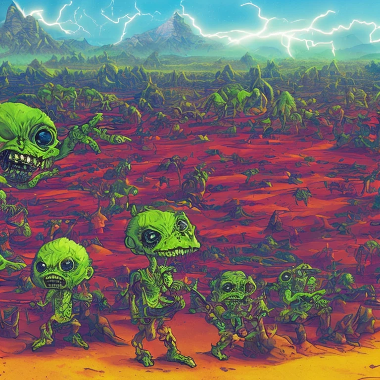 Mobis (Jean Giraud) Style - A picture by Jean Giraud Mobis, The picture shows a large group of dead alien monsters with spiked armor taking a rest, western backdrop in Mobis' signature style with sharp detailing and vibrant colors. Shot with Panavision Panaflex Gold II and Ultra Panavision 70 lenses, The image is full of film grain and low-key lighting,It creates a mysterious and tense atmosphere.