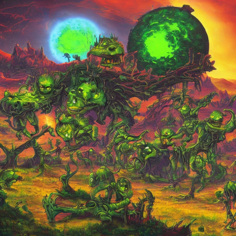 DC character 'poison ivy' has animated plant (thorn,vine,flower) beasts to demolish a horde of zombie (rotten people) emerging from a swap, moonlit swamp, show the epic battle of plants vs. zombies
