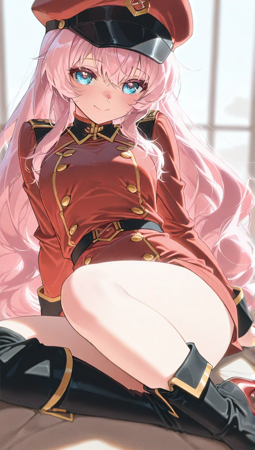 Frontal focus, masterpiece, top quality, 4k, toilet, bathroom, expressionless, long white hair, high ponytail, light pink lips, high cold, triple band, purple pupils, , facial details, slender limbs, golden ratio, correct finger four fingers and one thumb, (NSFW: 1.0), 1 young woman, protruding crotch, saliva at the corner of the mouth, wearing a tight red military uniform, kneeling on the ground, open thighs to reveal red panties, was tightened by the panties to the water, showing a shy expression, blushing,
