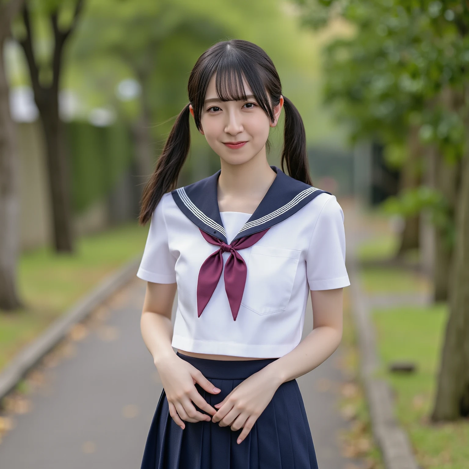 A hyper-realistic portrayal of Kaguya Shinomiya from Kaguya-sama: Love is War, (kawaii), (ero), standing in a tranquil Japanese garden at twilight, (detailed black hair:1.2), (school uniform) , long skirt , wearing her with realistic fabric textures, ((expressive blue eyes)), (school uniform), (intricate details:1.1), (serene background), (captivating atmosphere)