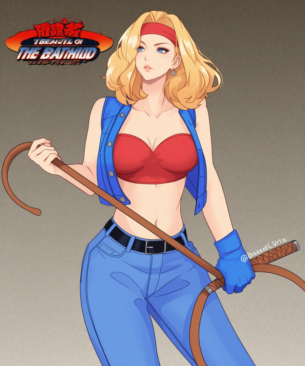 a close up of a cartoon of a woman with a stick, android 18, cory chase as an atlantean, betty cooper, fanart, comic pinup style, marin kitagawa fanart, power girl, inspired by Whitney Darrow, inspired by Masamune Shirow, gadget hackwrench, knights of zodiac girl, she is holding a sword, leaked image