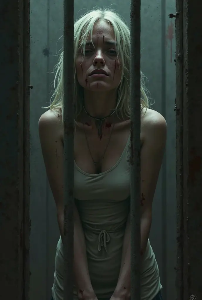 A realistic and dark depiction of Lady Isolde Thorne in a wounded and beaten state after being captured. She is shown wearing a dirty, torn tunic sack, her body visibly bruised and bloodied from battle. Her expression reflects both pain and exhaustion, yet there remains a hint of defiance in her eyes. The setting is a dimly lit, grim environment, possibly a rough stone cell, with a focus on the harsh reality of her capture. The art style should be realistic with an oil painting texture, capturing the gritty and brutal conditions in this dark fantasy scene.