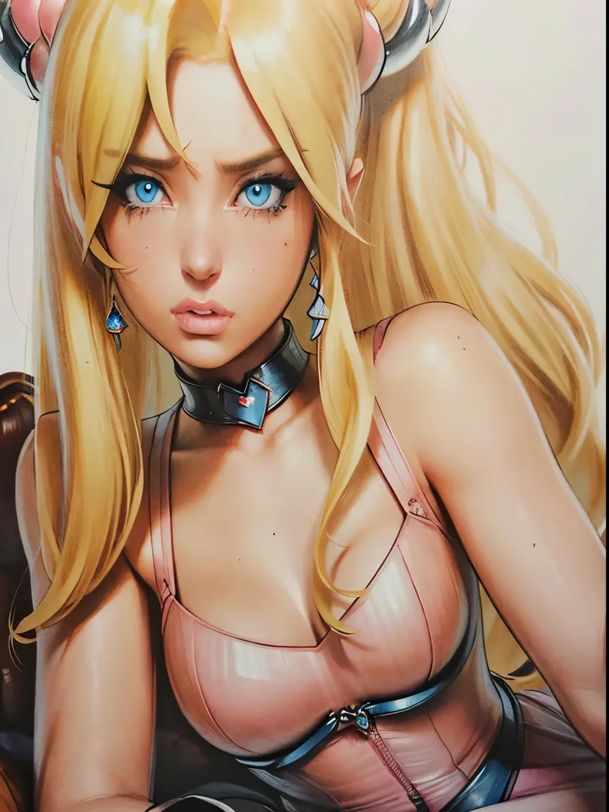 masterpiece, best quality, Princess Peach,(best shadow),1girl,blue eyes, blonde hair, tears, leather collar,steamy,looking at viewer,expressive eyes, marker \(medium\), traditional media