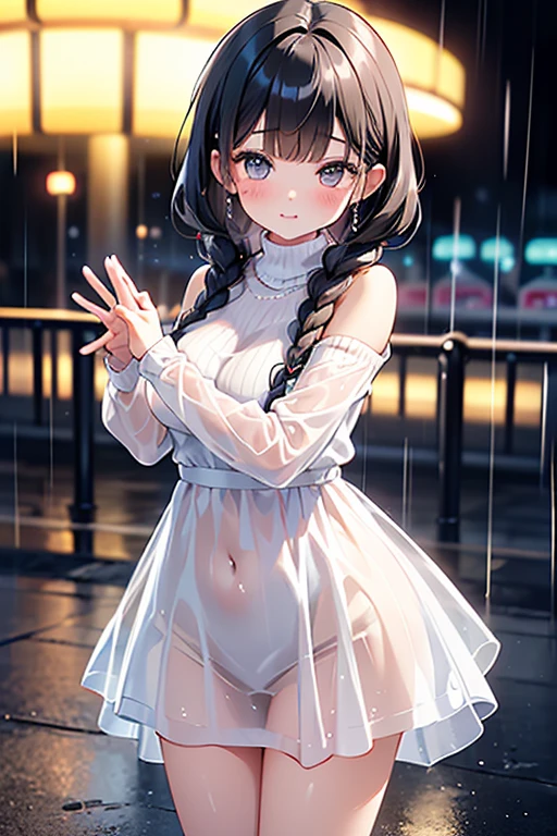 (((Rainy day in town))), Very wet from the rain, ((Fashion Model), (((A formal dress that is wet and transparent from the rain))), (skirt), (pantyhose),)), , ((Shiny Costumes)), skindentation, skinny, solo, 1 woman, Masterpiece, highest quality, highest quality, 16K, incredibly absurd, highly detailed, 2.5D, ai-generated, delicate and dynamic, very delicate facial expressions, delicate eye depiction, erotic, only sexy woman, ((A cute and kind face)), healthy figure, ((25-year-old woman)), 160cm tall, medium firm swaying bust,　Sweat,Embarrassed,sexy, ((thin thighs)),, (camel toe:0.7), , (Erect nipples,:0.7), shiny and lustrous, facing straight at viewer, (((in heat))), ((Oily_skin)), ((Lots of sweat)), (((Brown Skin))), ((dutch angle)), ((erotic pose)), ((City sidewalk in midsummer)),, (((Very dynamic pose))),