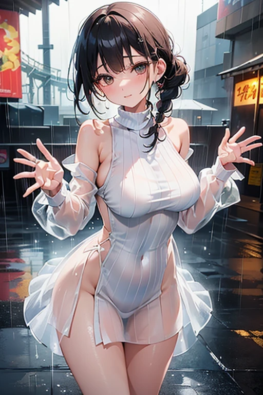 (masterpiece,top quality,high quality)), ((8K wallpaper unified with high definition CG)), (huge stunning goddess shot, so hot and sexy, jaw dropping beauty, perfect proportions, beautiful body, slim body beauty:1.3), (dancing in the rain:1.5)), Woman in white dress dancing in the rain, dancing in the rain, soaking wet, soaking wet body, carnal desire, wet in the rain, wet dress, backlighting, rain, wet hair shaking, splashing rain, grainy black and white image, night, rain, portrait of dancer, looking across, eyes closed,