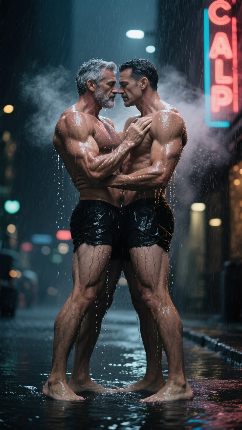 Neyman and Cristiano Ronaldo, (best quality,4k,8k,highres,masterpiece:1.2),ultra-detailed,(realistic,photorealistic,photo-realistic:1.37),naked muscular men,naked muscular bodies,passionate embrace,detailed muscles,wet skin,glistening drops of water,deeply affectionate kiss,steamy atmosphere,strong arms and chests,shower room,water droplets on bodies,masculine physique,brotherly bond,shimmering light,romantic mood,subtle shadows,sensuous touch,muscle definition,shower heads spraying water,close proximity,raw masculinity,energetic movement,sweat dripping,pristine cleanliness,endless desires,dermal textures,wet hair,compelling sensuality,physical vulnerability,damp environment,shared intimacy,blurred background,muscle tone,vivid colors,gentle caress,body worship,sculpted bodies,erotic tension,uninhibited affection,lustrous skin,splashing water,shower steam,invigorating sensation,charged connection,bathing ritual,longing gaze.