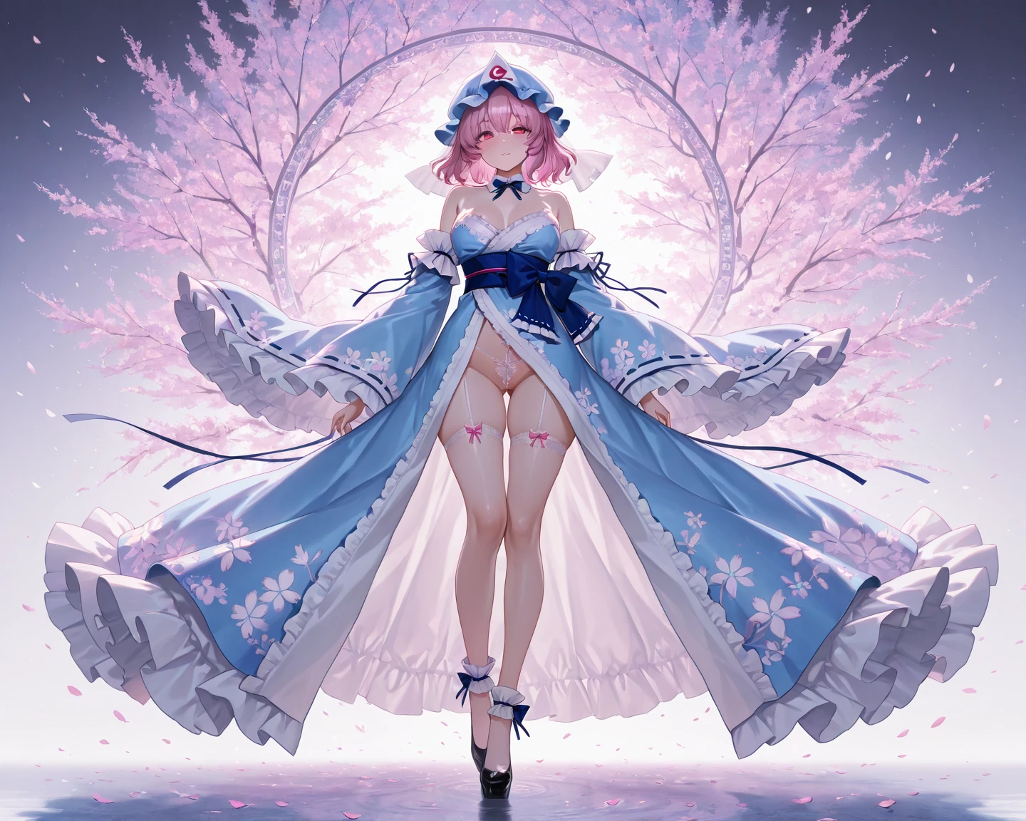 (((masterpiece, Highest quality, High resolution, 超High resolution, Pixel perfect, Written boundary depth, 4K, RTTX10.0))), Beautiful Anime Woman, Beautiful art style, Anime characters, ((Smooth texture, Realistic texture, Anime CG style)), Exact finger count、Exact number of legs、(Exact number of arms:1.0, Exact number of hands:1.0), (Perfect hands, Perfect Anatomy), Cinematic, Realistic, Highly detailed CG, Perfect lighting, Best Shadow, The best natural light, whole body, Perfect body, バランのとれたPerfect body, Perfectly balanced style, Slender body, Cute adult woman standing in a sexy pose (Pussy juice:1.5), ((Bow tie around neck:1.3), (garter belt, Garter string, Knee socks:1.3):1.3), blue eyes, hair ornaments, Hair Ribbon,Show your forehead、Twin tails、Random colored see-through  uniform、Lace choker, short hair,,No bra,,Highly detailed skin, Realistic texture、Highly detailed face, (Beautiful Fine Eyes, ,The girl has a toned figure., Sweating profusely、Sweaty hair、Clothes that become transparent due to sweat、Sweaty、Visible sweat、Sweat-soaked hair、Athlete System、Cherry blossoms fluttering down、Silver Hair、Night cityscape。Reflection of light、moonlight