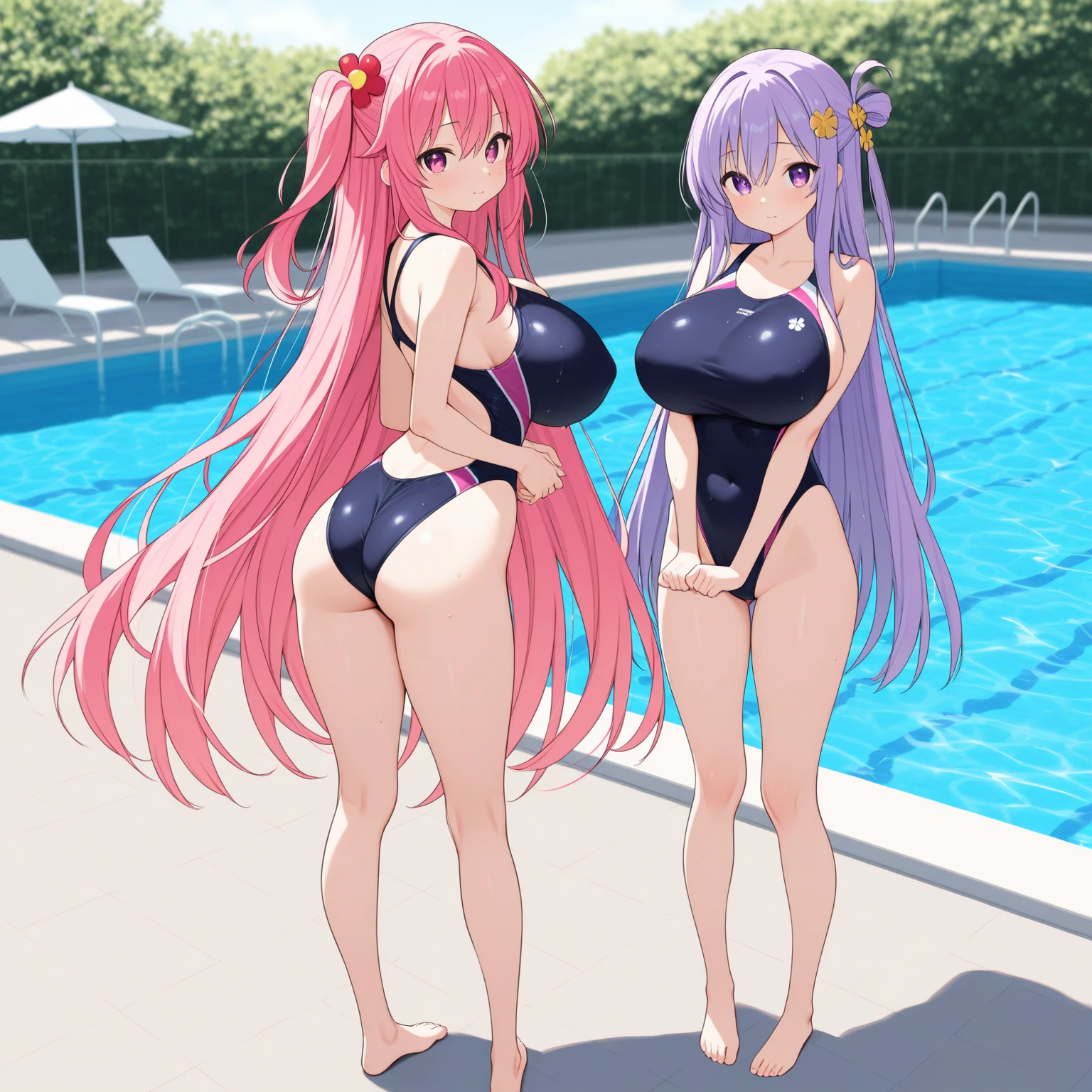 masterpiece, best quality, insanely detailed, beautiful, nino nakano, long hair, bangs, blue eyes, hair ornament, hair ribbon, pink hair, blunt bangs, two side up, butterfly hair ornament, blush, large brests, high-cut swimwea, one-piece swimsuit