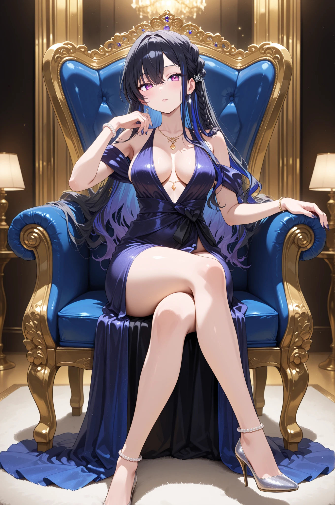 One young and beautiful woman,(Highest quality,Extremely detailed depiction,Incredibly absurd high resolution,Anatomically accurate depiction,A face with attention to detail, Eye for detail,Perfect body,Two curvaceous legs),(Glowing Skin,Shiny skin),Flower and willow woman,Gorgeous navy blue party dress,Shiny black pantyhose,eyelash,eye shadow,eyeliner,mascara,Luxury accessories,Earrings,Bracelet,Black high heels,Purple Eyes,(Details:1.3),Condescending expression,Lift your chin,Glossy Lips,Sweat,whole body,sitting on a plush sofa with one's knees raised,resting one's arms on the back of the sofa,(From below:1.3)