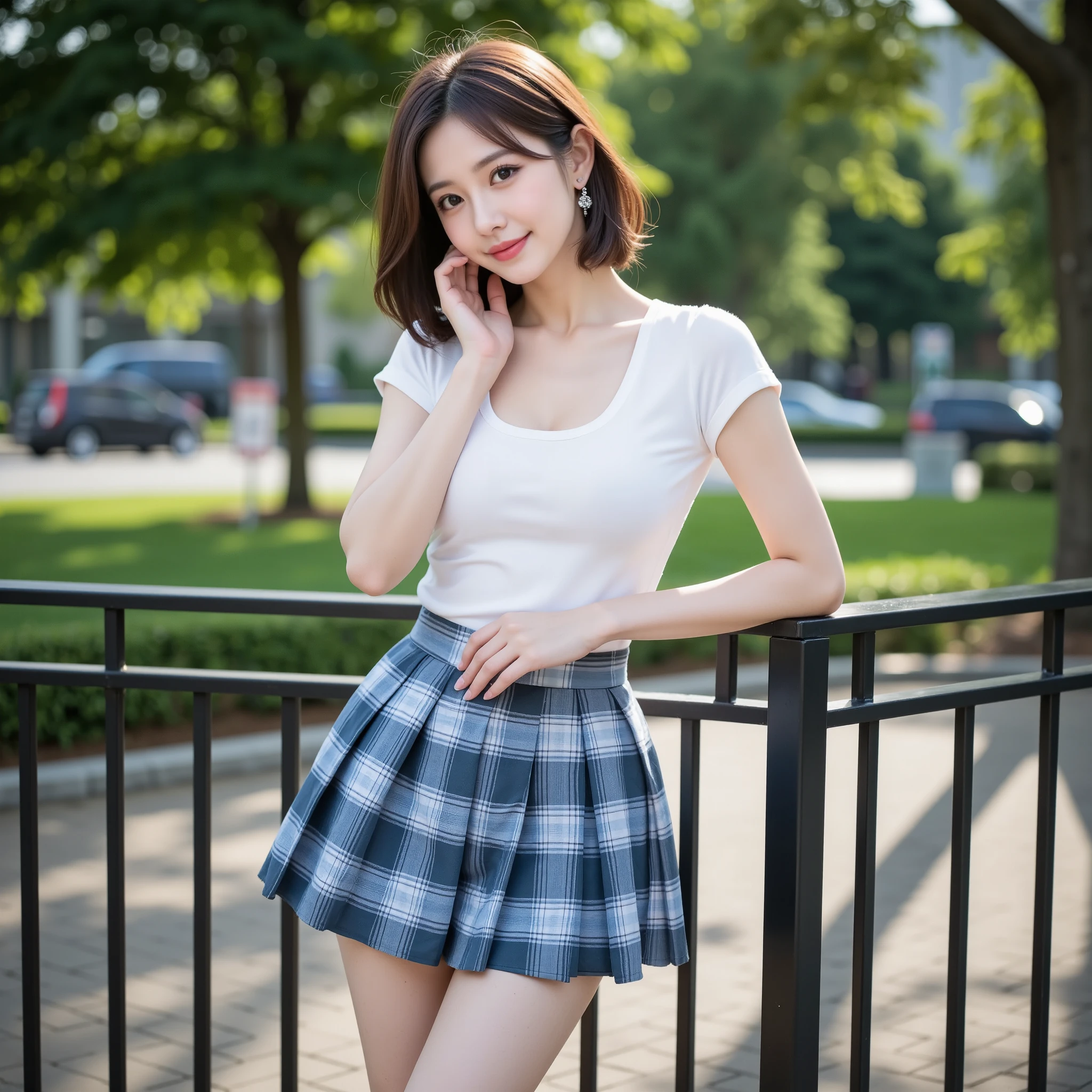((Best of the highest quality, 8k, Masterpiece: 1.3, raw photo)), Sharp focus: 1.2, (1 AESPA girl: 1.1), (Solo: 1.18), (realistic, photo-realistic:1.37), face focus, cute face, finely eyes, (Small breasts, flat chest, Thigh: 1.3), (business suit skirt: 1.2), short messy hair, updo, (Roll up the skirt: 1.2), (Lift skirt hem), (Lifting skirt while standing to show off under hair to us: 1.4), garden, flower,