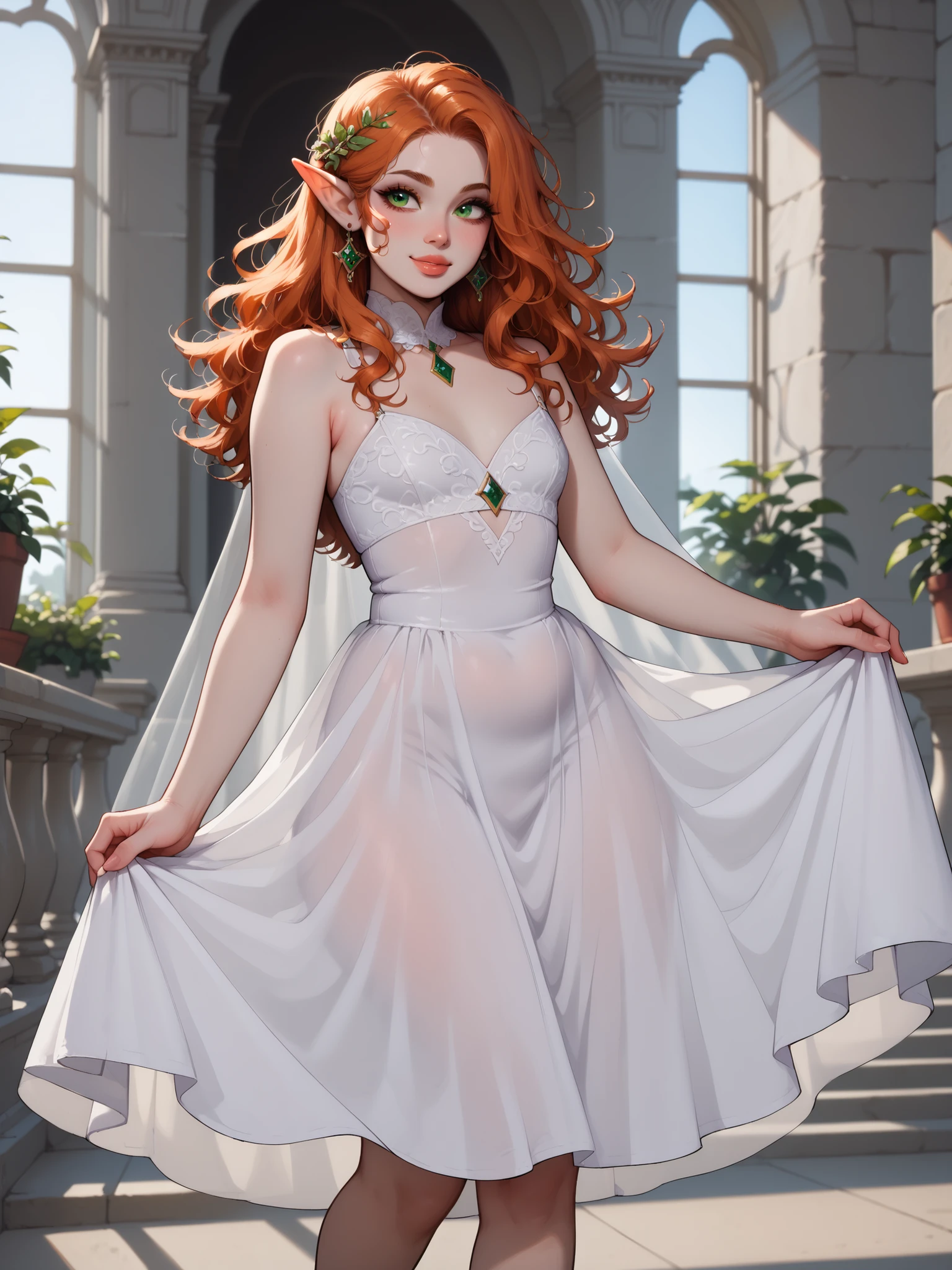 femboy with elven ears, small stature, with red long hair, red hair, elf ears , orange hair, curls, beautiful hairstyle , green eyes, plump lips, smile, in a beautiful white dress is dancing, bare feet, background - a palace.