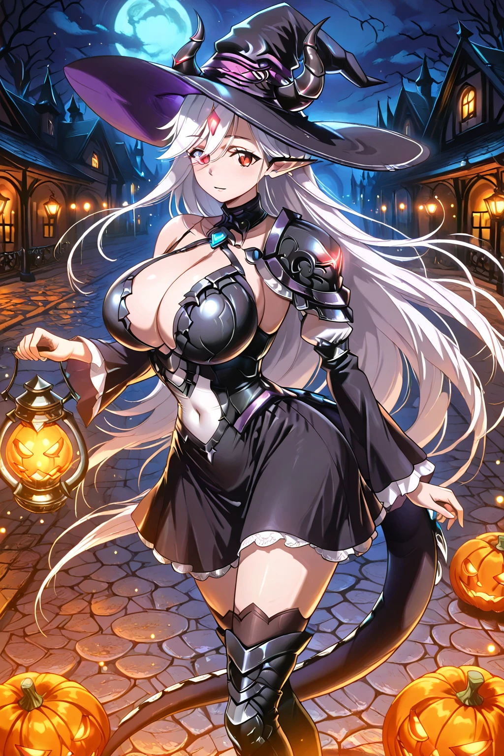 ((perfect anatomy)), a woman, 25 years old, green eyes, eyebrows, nose, hearing, mouth, detailed lips, teeth, hair, (smiling), big silver hair, neck, big chest, witch costume, detail on outfit, ((background scene)), earth effect, halloween effect, halloween background, dark scenery