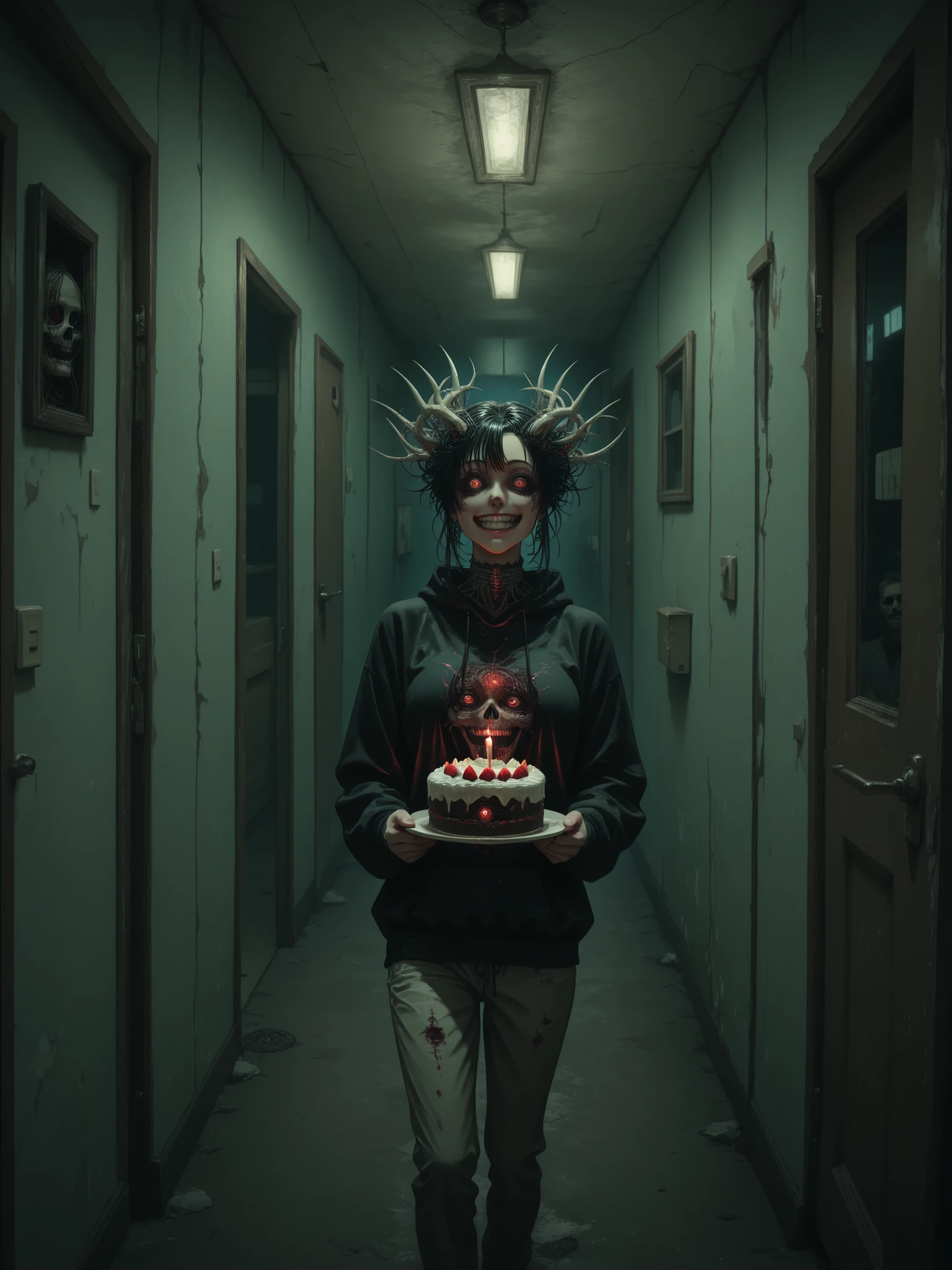 [topic]кадр в стиле horror киберпанк, creepy neighbor out of the dark|
[character] a woman with electric hair,  a woman and a man are standing with their backs to an open door, a demon of shadow crawls out of the basement, bone and brain demon
[action] serious expression、brought a bloody bone cake to her neighbor、majestic standing figure、Grin, holds cake in his arms ,looks at the audience、dutch angle,standing in the hallway, extends hands to spectators, knocks on the house door | 
[environment] on the doorstep、night background|
[style] horror masterpiece, horror、sweatshirt of the highest quality {x}、ultradetail、high definition, view through a peephole
