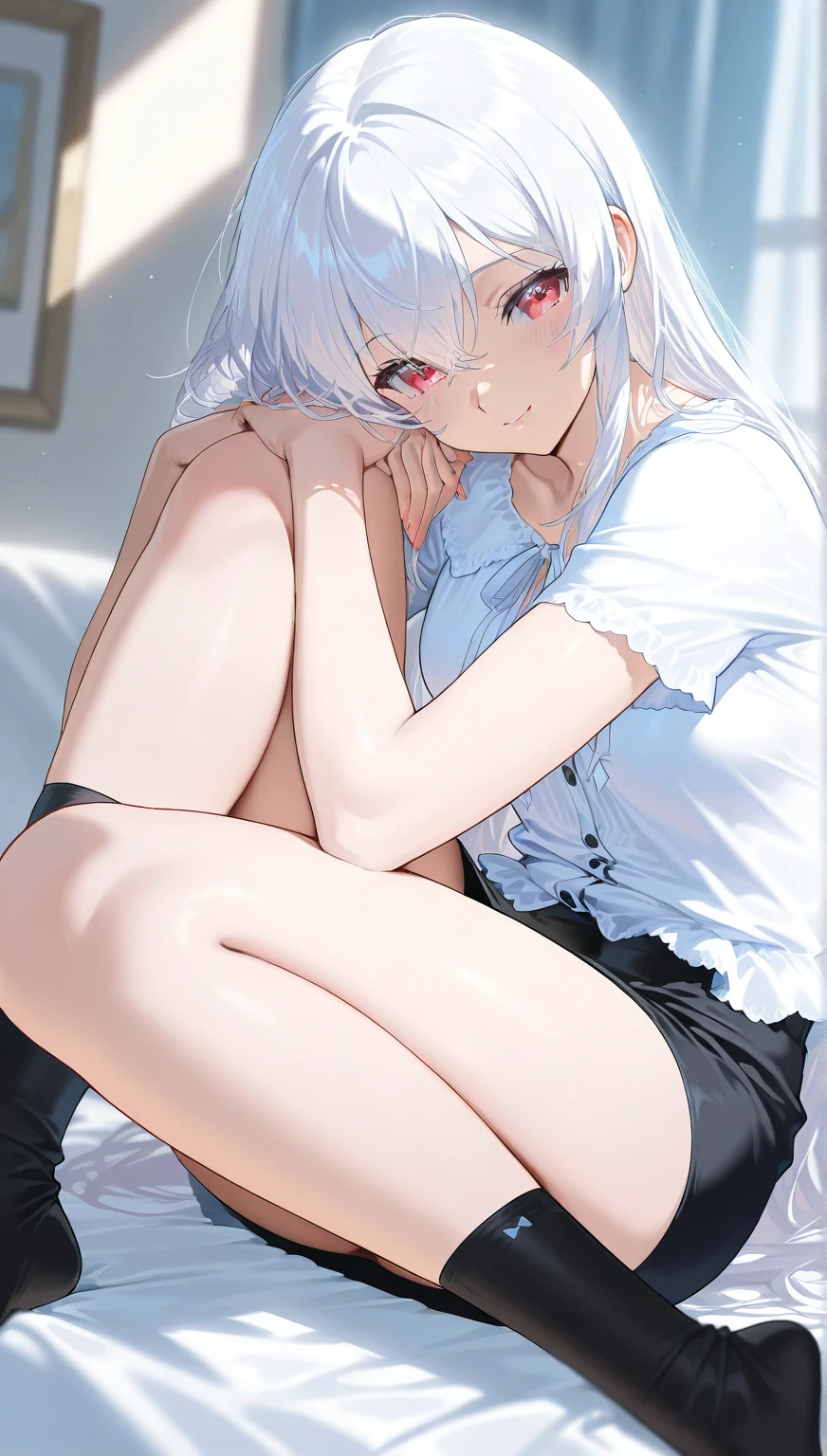 one girl, pure white, my sweet angel, naive, 18 years old, white dress, white hair, light blue eyes, lying on bed, beautiful girl, insert penis, sex