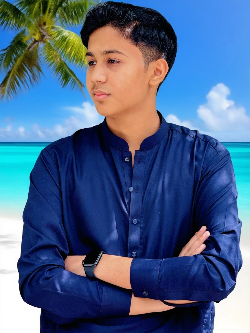 A brown-skinned 15 years old handsome average big arm boy is sitting on a chair at a beach in the evening time, he is wearing a cool trending attribute t-shirt