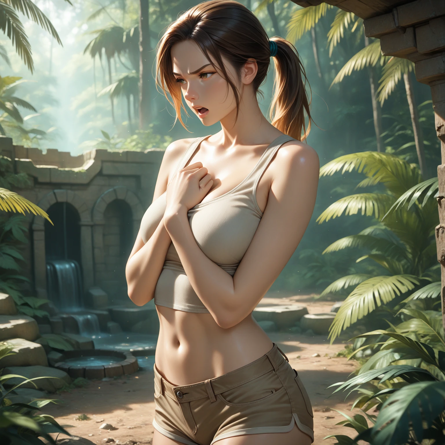 (Lara Croft: 4.0), (White Croptop: 1.2), (Long Skirt: 1.2), (Wet Hair: 1.5), (Wet: 1.5), (Soaked: 1.5), Rain, (Wet Clothes: 1.5), (Groin: 1.1), (Groin: 1.1), (Focus on Face: 1.1), Collarbone, Belly Link, Natural Light, Extremely Detailed, 8yk, Raw Photo, High Level of Detail, (Raytracing), (Masterpiece), (Best Quality), High Resolution, (Realistic: 1.8), Physically Based Representation, Ultrarealistic, Full Body --auto --s2