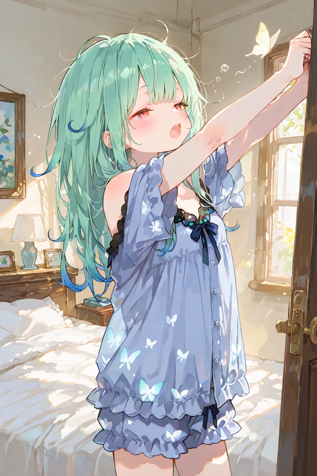 beautiful illustrations, highest quality, pretty girl, 1girl, Bedroom, pastel colour, (two-separated lingerie), cute lingerie, emerald green bob cut, bright lighting, sky-blue eyes